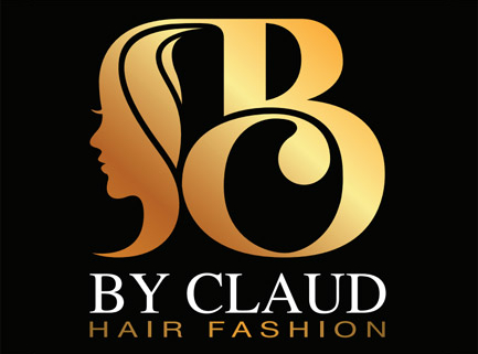 By Claud Hair Fashion gold monogram logo showing a stylized female profile and flowing hair on black background