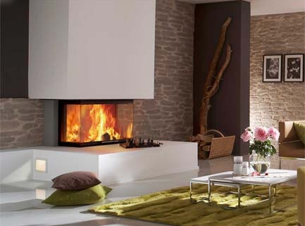 Gezellige moderne woonkamer met ingebouwde drie-zijdige open haard, groene vloerkleed en stijlvol interieurontwerp